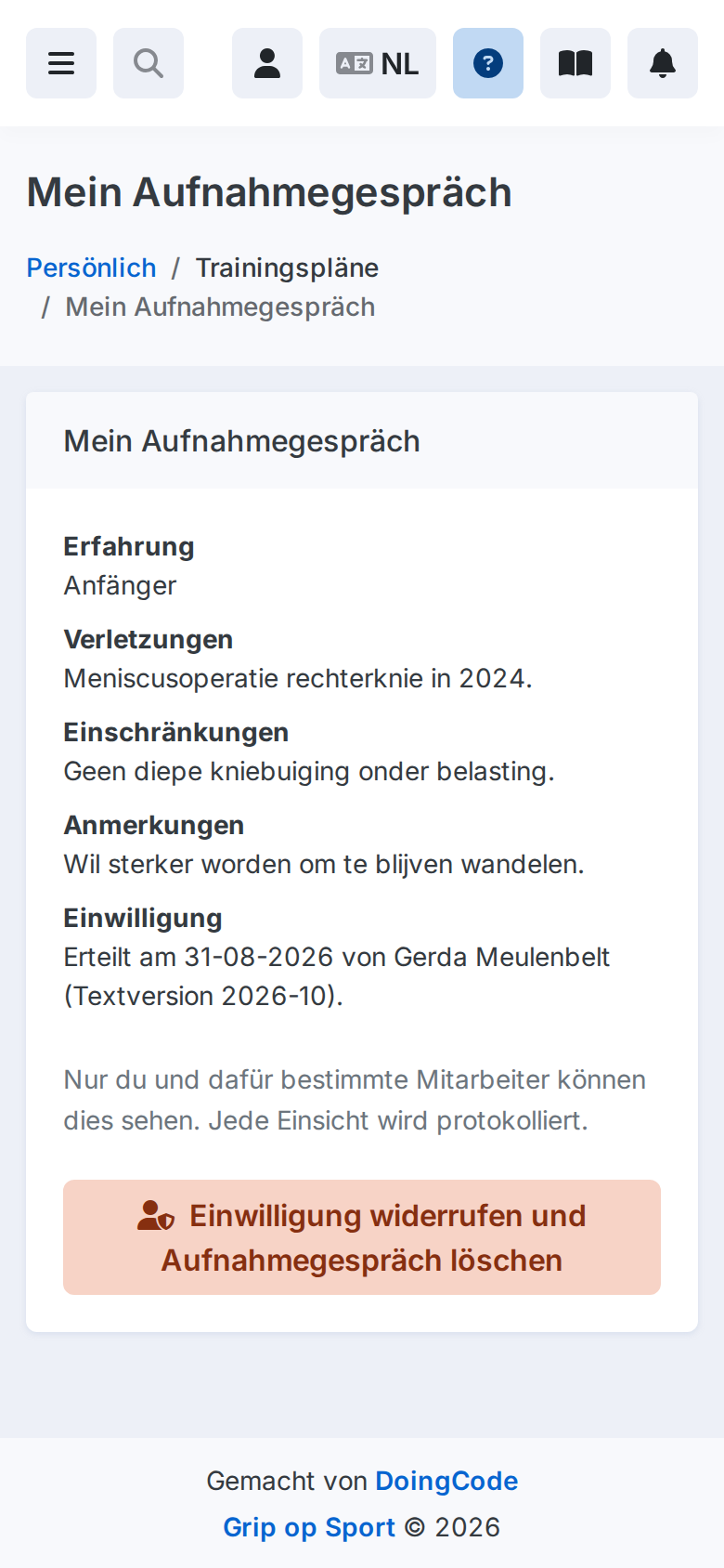 De eigen intake van een lid op een telefoon