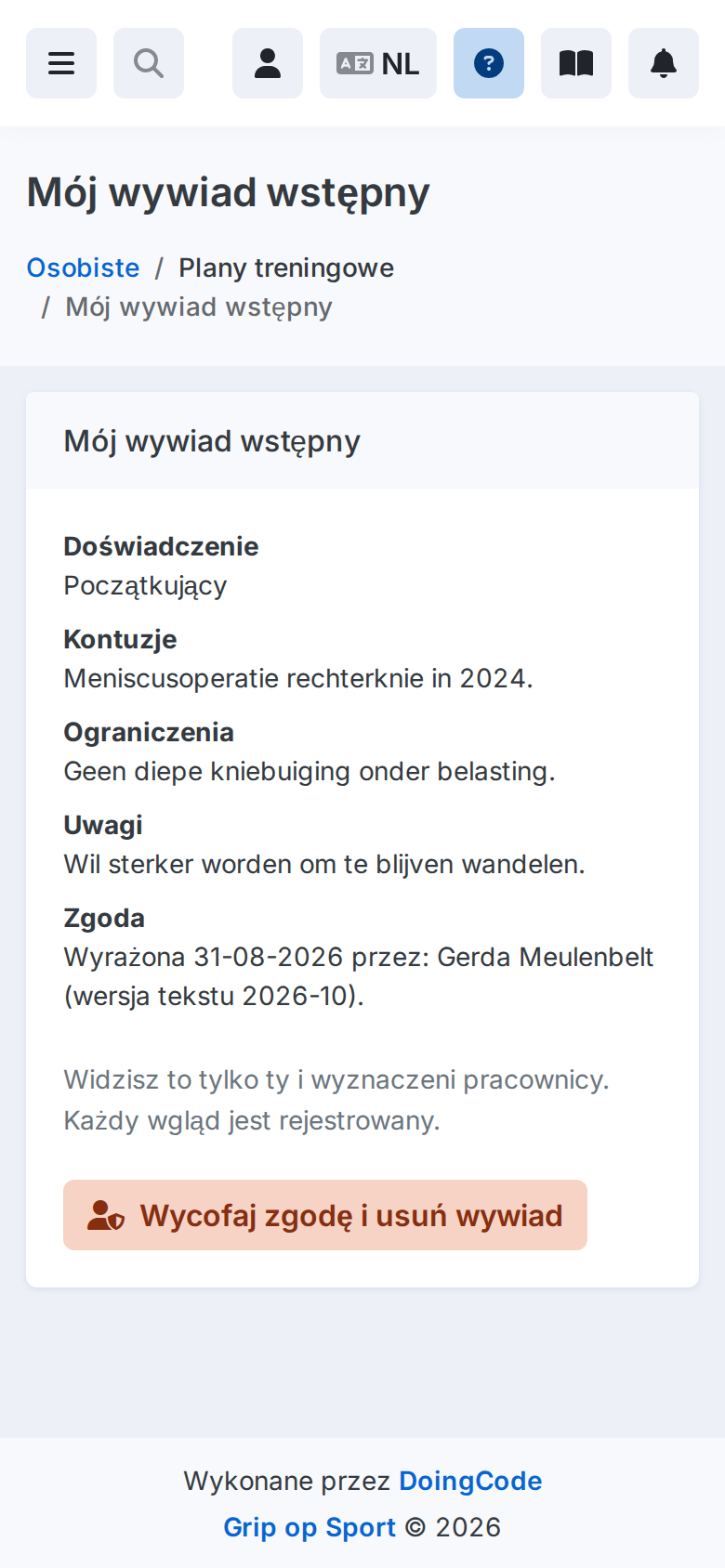 De eigen intake van een lid op een telefoon