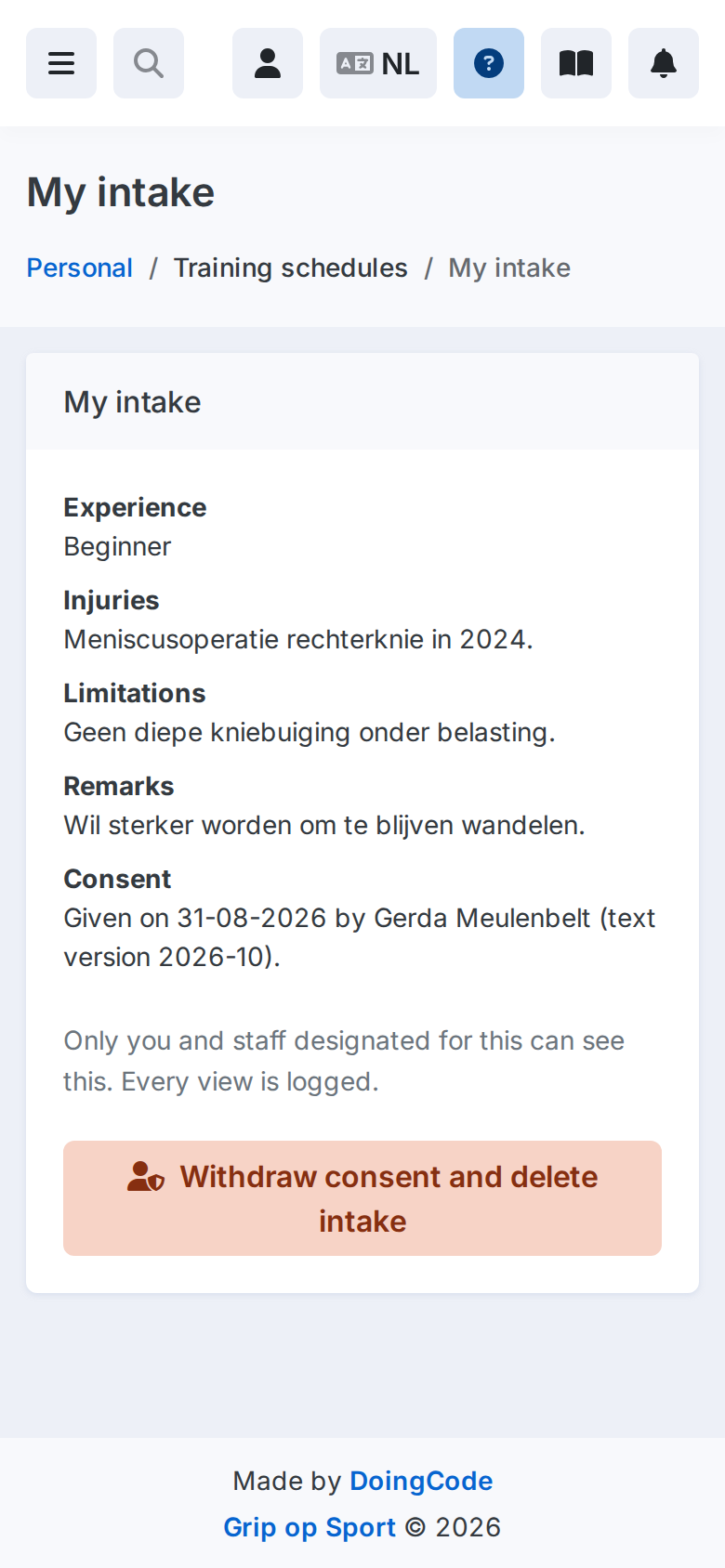 De eigen intake van een lid op een telefoon